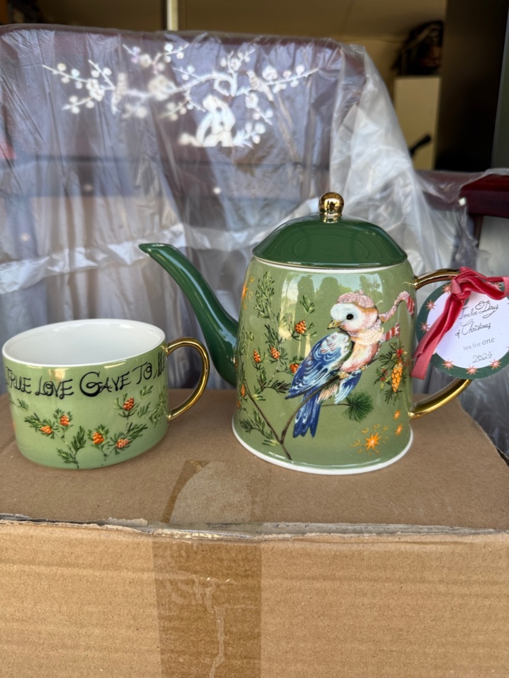 Anthropologie Cream & Gold 'Twelve Days of Christmas' Decorative Teapot